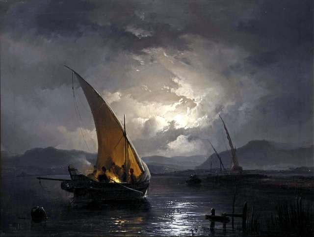 A night landscape with a sailboat where a fire is being lit by Remigius Adrianus Haanen