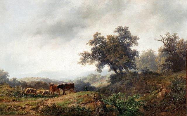Open Landscape with Cows and Herdsman by Remigius Adrianus Haanen