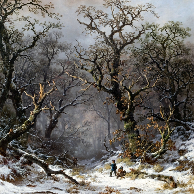 Hunters in the forest in winter by Remigius Adrianus Haanen