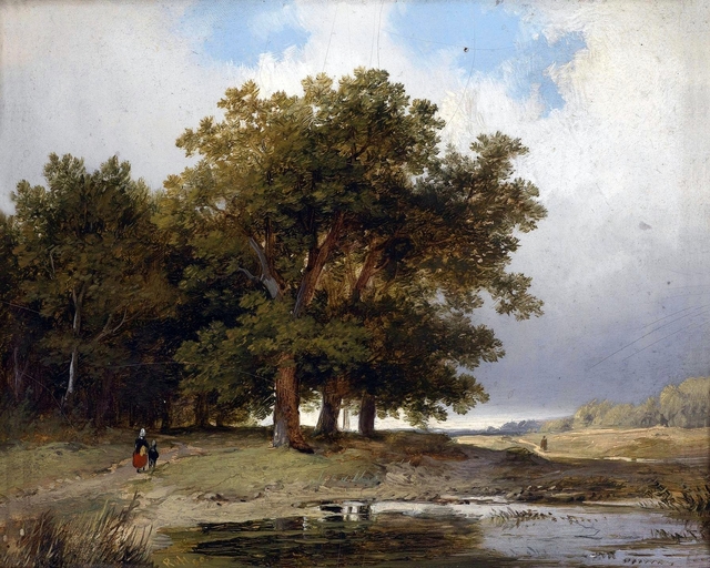 Landscape in summer with decorative figures by Remigius Adrianus Haanen