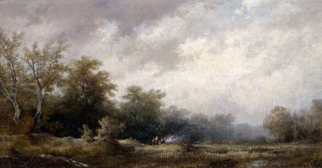 Autumnal landscape with decorative figures by Remigius Adrianus Haanen