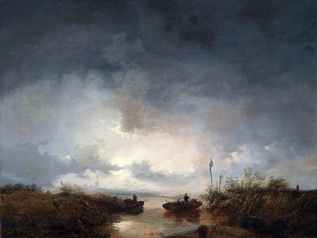 Fishermen in a moonlit night by Remigius Adrianus Haanen