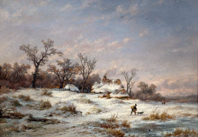 Winter landscape with decorative figures by Remigius Adrianus Haanen