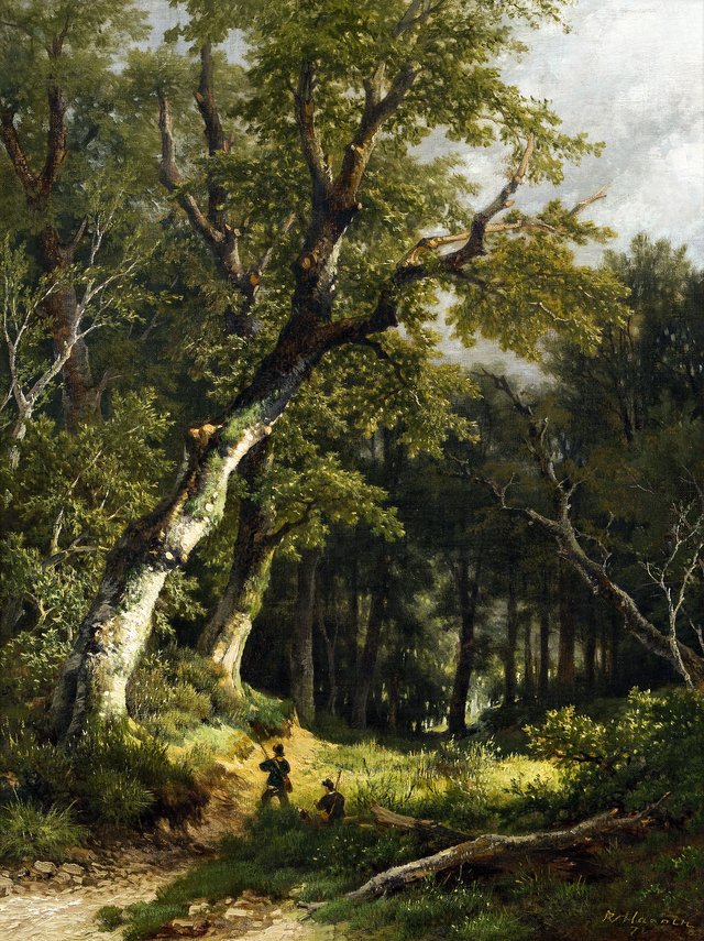 Wooded landscape with two hunters by Remigius Adrianus Haanen