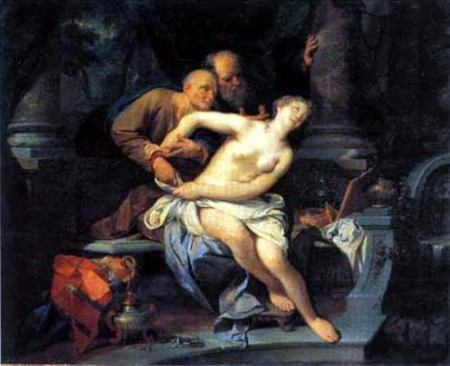 Suzanna door de ouderlingen belaagd (Daniël 13:1-63) by Nicolaas Verkolje