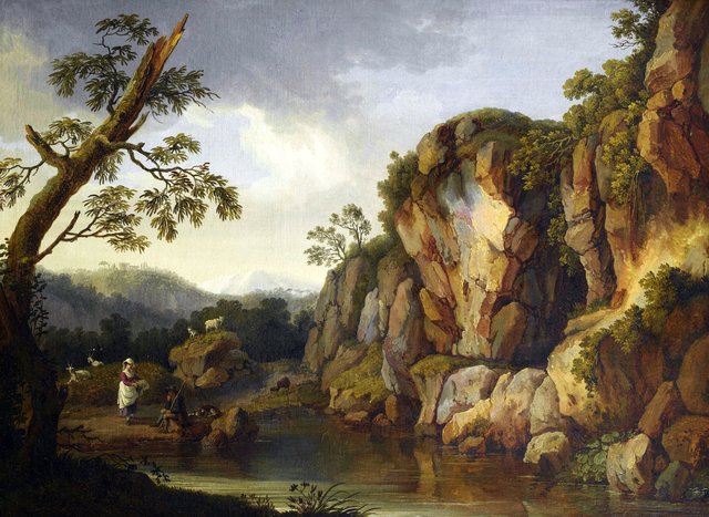 Peasants grazing their cattle beside a lake, in a campagna landscape by Jacob Philipp Hackert