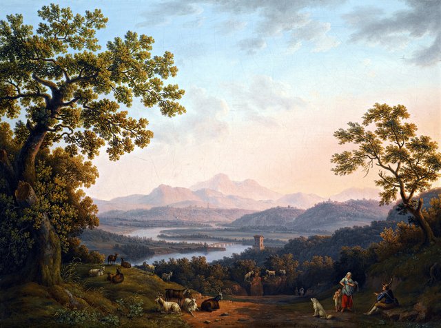 Ansicht des Tibertales in Richtung Poggio Mirteto, im Hintergrund die Sabiner Berge im Licht der untergehenden Sonne by Jacob Philipp Hackert