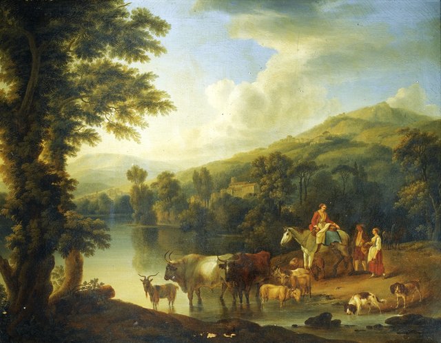 A wooded river landscape with a woman on a grey horse with animals watering by Jacob Philipp Hackert