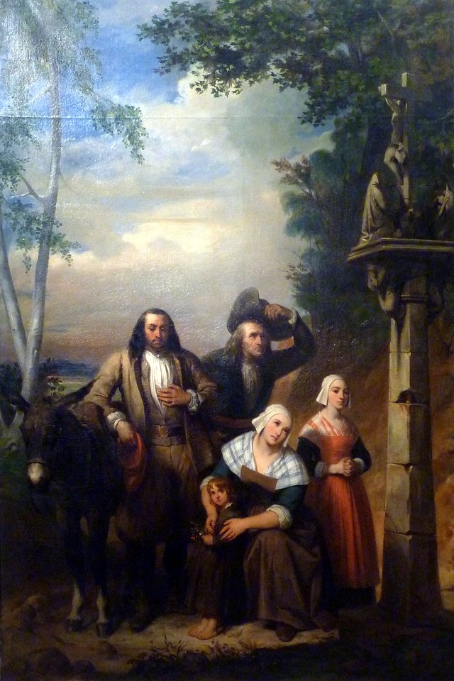 Famille bretonne en prière devant un oratoire de campagne by Eugène Devéria