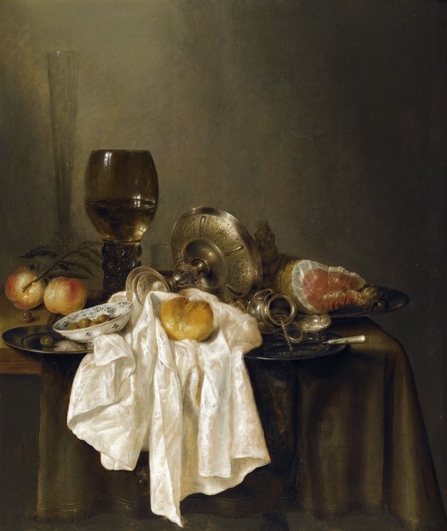 Still life with ham, mustard pot, bread, olives and roemer by Willem Claesz. Heda