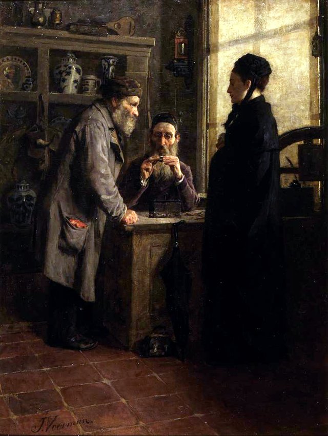 Bij den antiquair [Een weduwe bij den uitdrager by Jan Voerman
