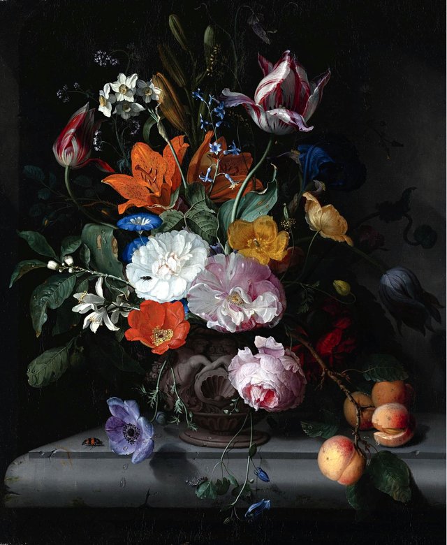 Still Life of Flowers and a Branch of Peaches in a sculpted Vase, standing on a Ledge by Jacob van Walscapelle
