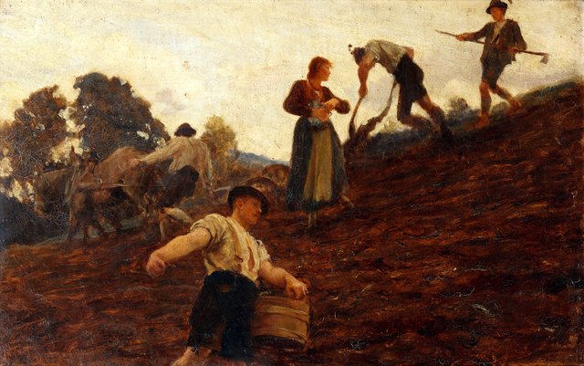 Farm workers tilling and sowing a hillside. by Hubert von Herkomer