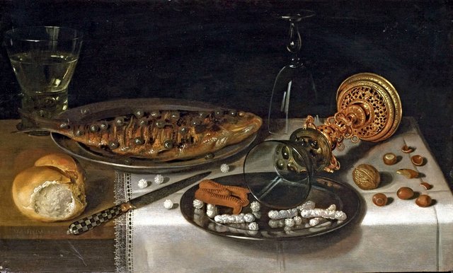 Still life with fish and a goblet holder, dated 162. by Willem Claesz. Heda