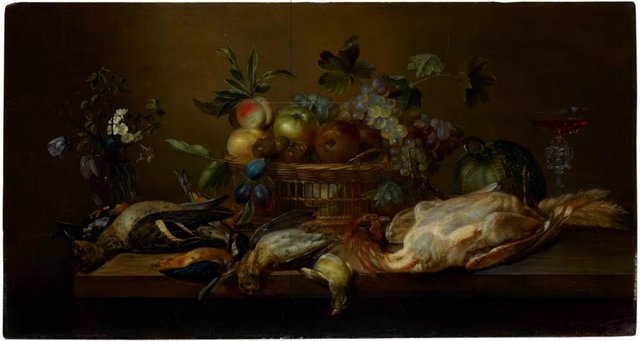 Fruit basket and dead poultry by Frans Ykens