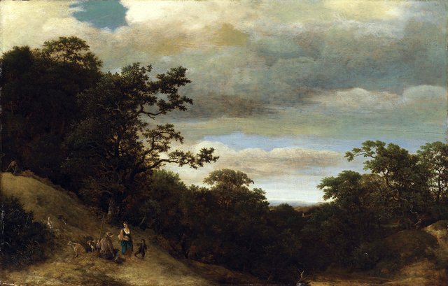 Peasants in a wooded landscape by Cornelis Vroom