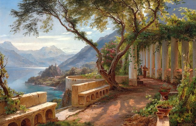 A monk and a novice at an Italian loggia, with an inlet and some mountains in the background. by Carl Frederik Aagaard