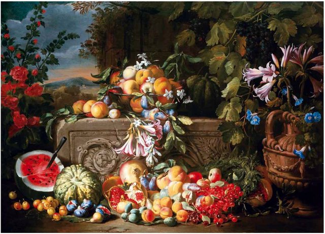 A still life of a watermelon, cherries, peaches, apricots, plums, pomegranates and figs, with lilies, roses, morning glory and other flowers on an acanthus stone relief by Abraham Brueghel
