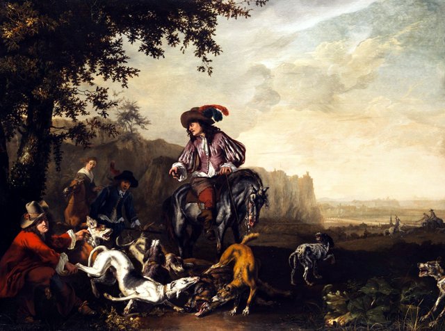 Höfischer Edelmann zu Pferd im Kreise seiner Jagdgefährten bei Sichtung der Jagdbeute by Abraham Hondius