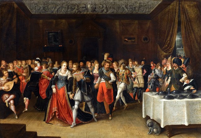An interior scene with elegant figures at a wedding by Hieronymous Francken II