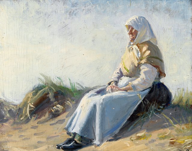 The wife of Anker Nelle sitting in the dunes at Skagen. by Michael Ancher