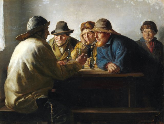 Fishermen sitting around a table drinking by Michael Ancher
