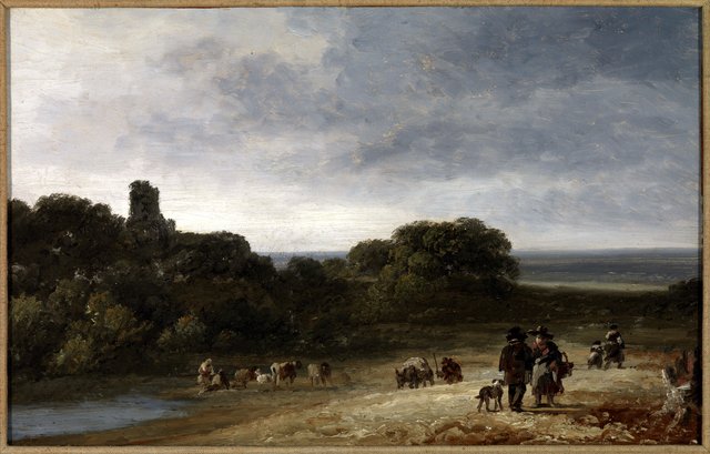 Landschap met figuren en vee. by Georges Michel