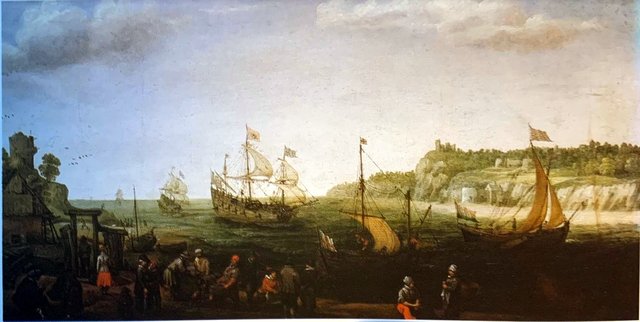 Disembarking from a ship on a beach and fishers with their catch by Adam Willaerts