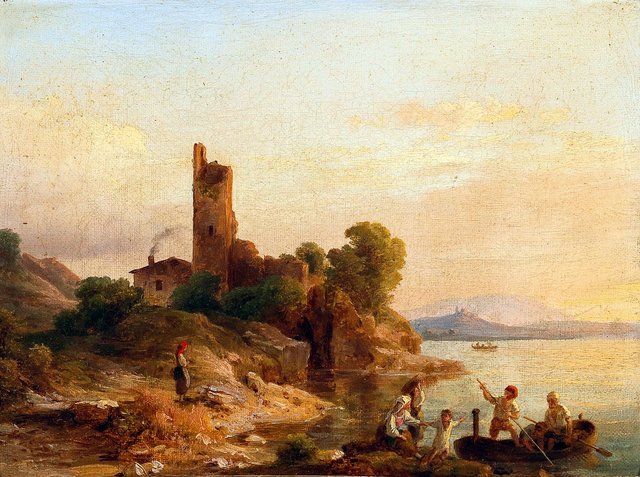 Italienische Landschaft mit Fischern am See by Károly Markó