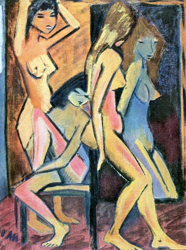Three Nudes Before a Mirror by Otto Mueller