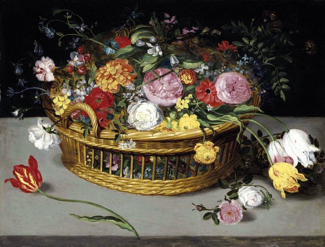 Roses, tulips, bluebells and carnations in a wicker basket on a stone ledge by Jan Brueghel the Younger