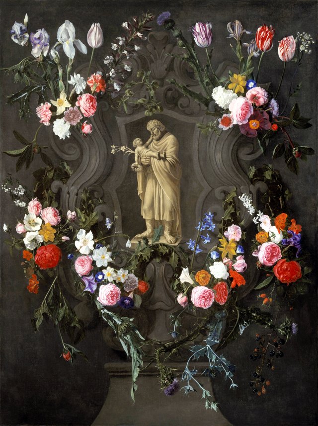 Floral decorations around a niche with St Joseph and the Christ Child by Frans Ykens