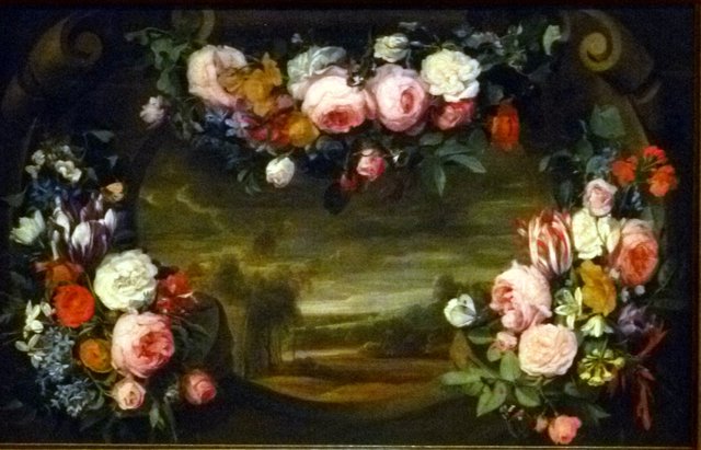 Landscape in a flower garland by Lucas van Uden