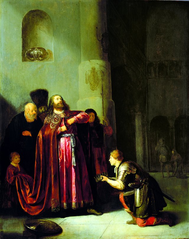 A messenger brings the tidings of Saul's (and Jonathan's) death to David; the messenger falls prostrate to the ground before David (2 Samuel 1:1-11) by Willem de Poorter