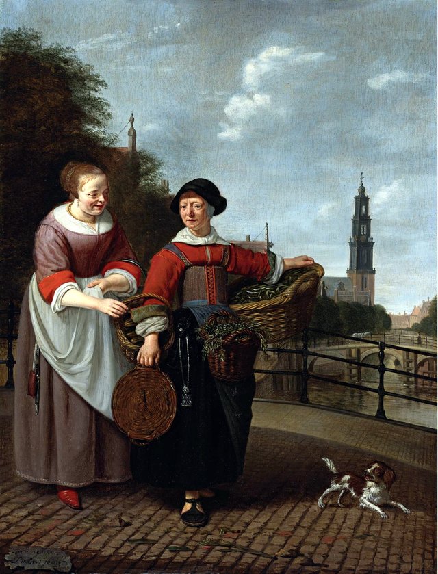 A female vegetable seller and a housewife at the Eenhoornsluis in Amsterdam, in the background the Westertoren by Michiel van Musscher
