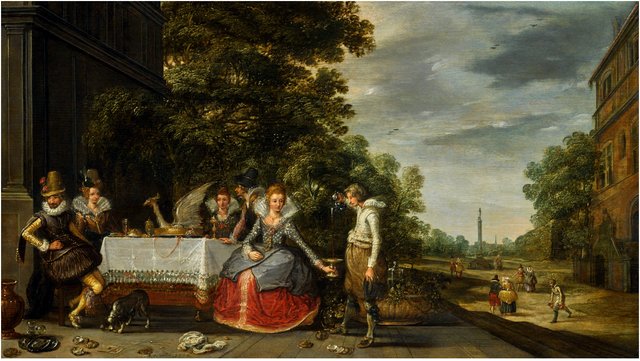 Elegant company on a terrace by Adam van Breen