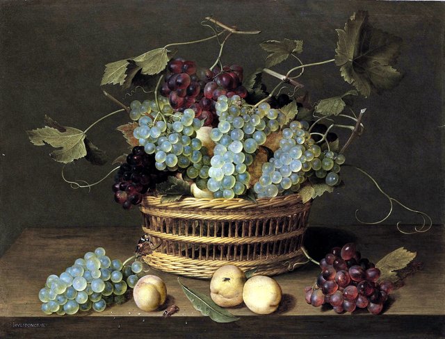 Still life with a basket of grapes en apricots on a wooden table by Jacob van Hulsdonck