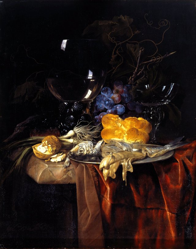 Still life with a roemer, fish, bread, walnuts, onions and grapes on a dark cloth by Willem van Aelst