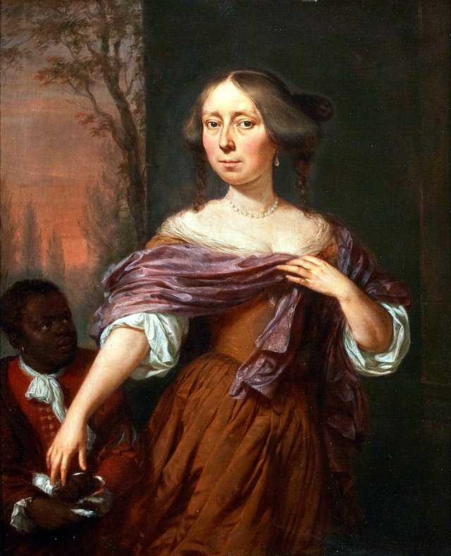Portrait of Jacomina le Pla (1647-1681), with a servant by Jan Verkolje