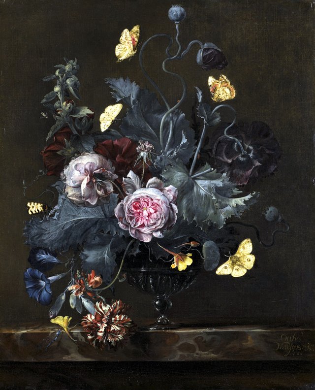 Flowers in a glass vase, with butterflies, on a marble ledge by Otto Marseus van Schrieck