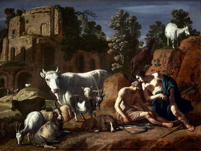 Mercury and Argus surrounded by animals in a landscape by Claes Corneliszoon Moeyaert