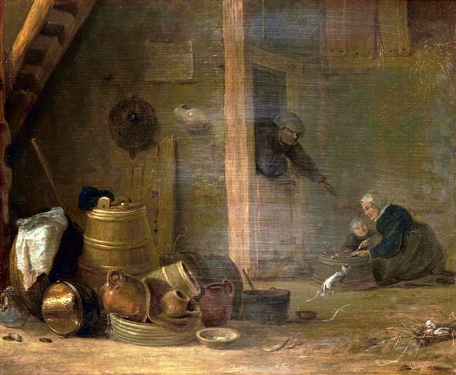 A barn interior with a still life with kitchen utensils in the foreground, together with a woman and a child preparing food in the background, and a man leaning in a doorway by Cornelis Saftleven