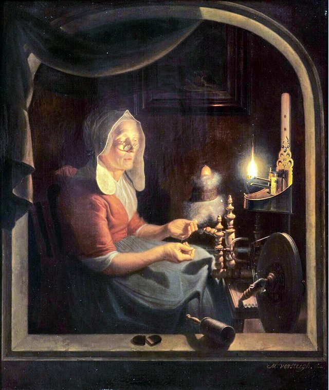 De spinster, bij een olielampje by Michiel Versteegh