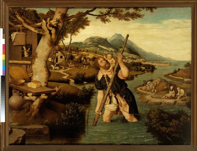 Heuvelachtig rivierlandschap met Christoffel by Jan Mostaert