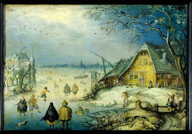 Winter landscape with figures skating on the ice by Christoffel van den Berghe