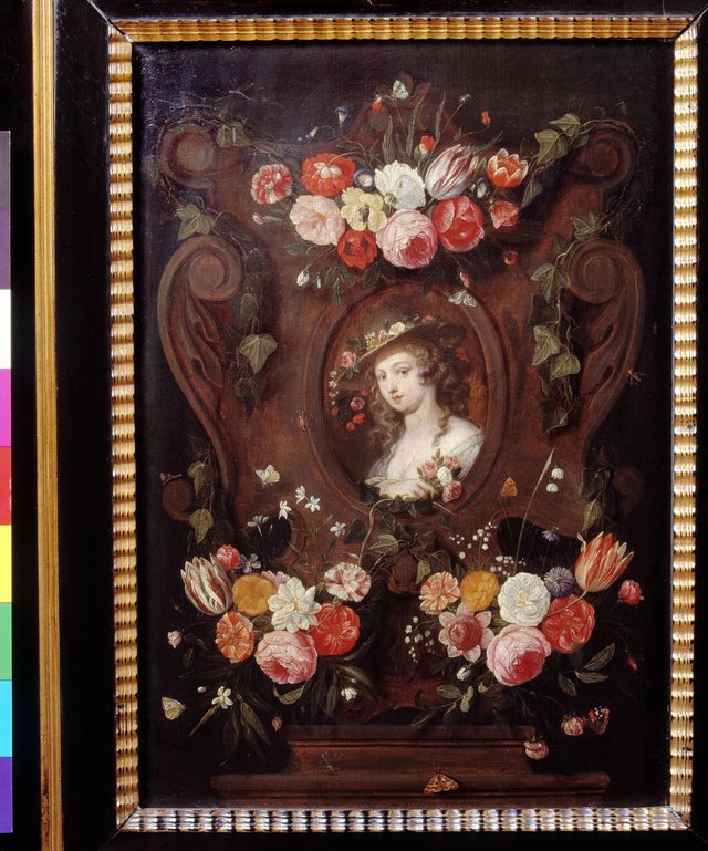 Bloemen rondom een meisjesportret by Jan van Kessel the Elder