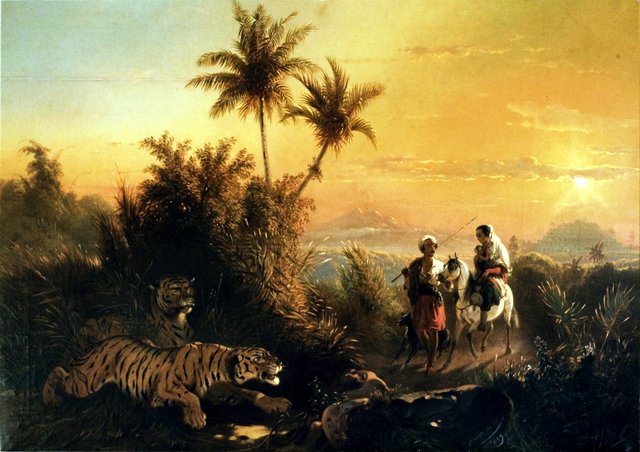 Tijgers besluipen een man, vrouw en kind / Rust op de vlucht naar Egypte by Raden Saleh