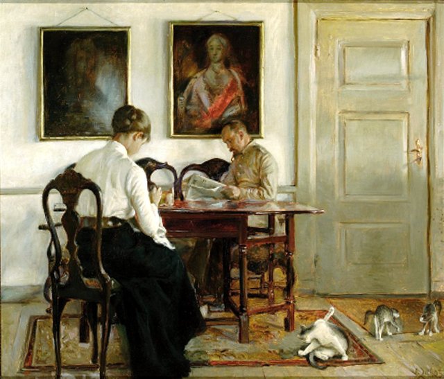 Interior with Helga and Hans Tegner. by Valdemar Irminger