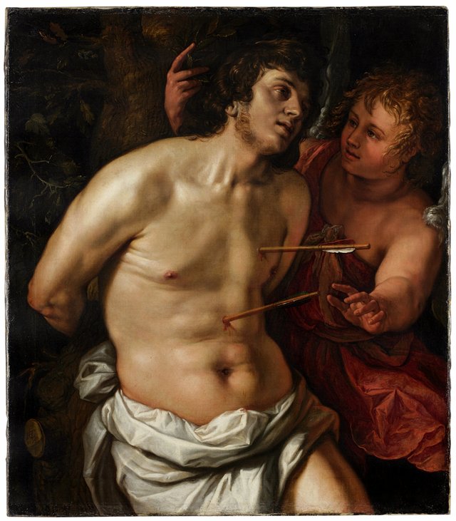 St. Sebastian being consoled by an angel by Hendrik Goltzius