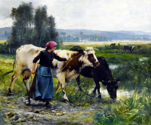 Young peasant woman with two cows by Julien Dupré